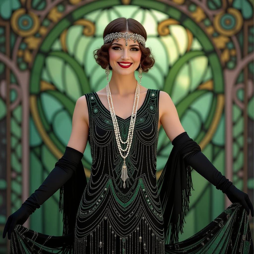 Elegant Flapper in Art Nouveau Style Dress