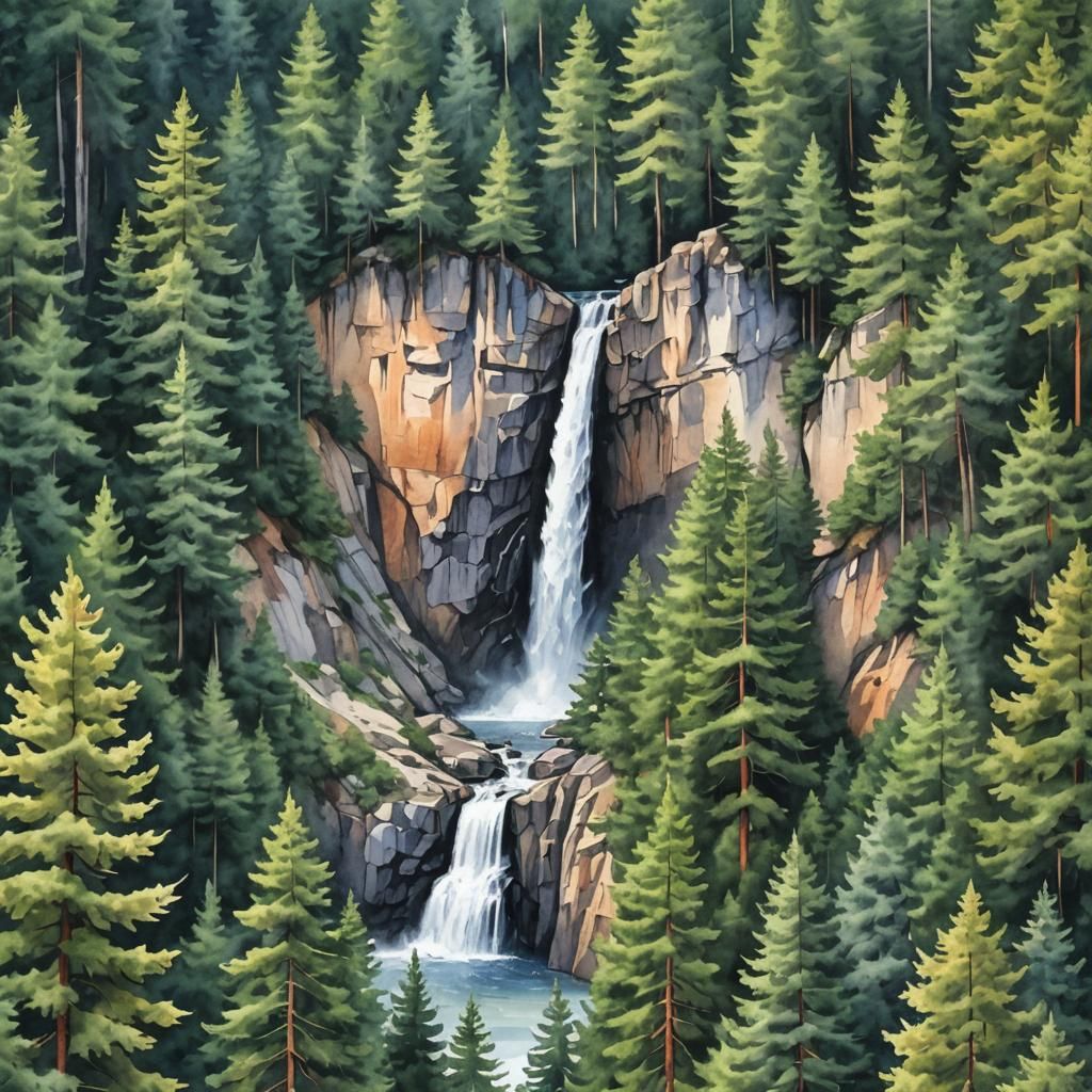 High Waterfall Surrounded by Pines in Watercolor