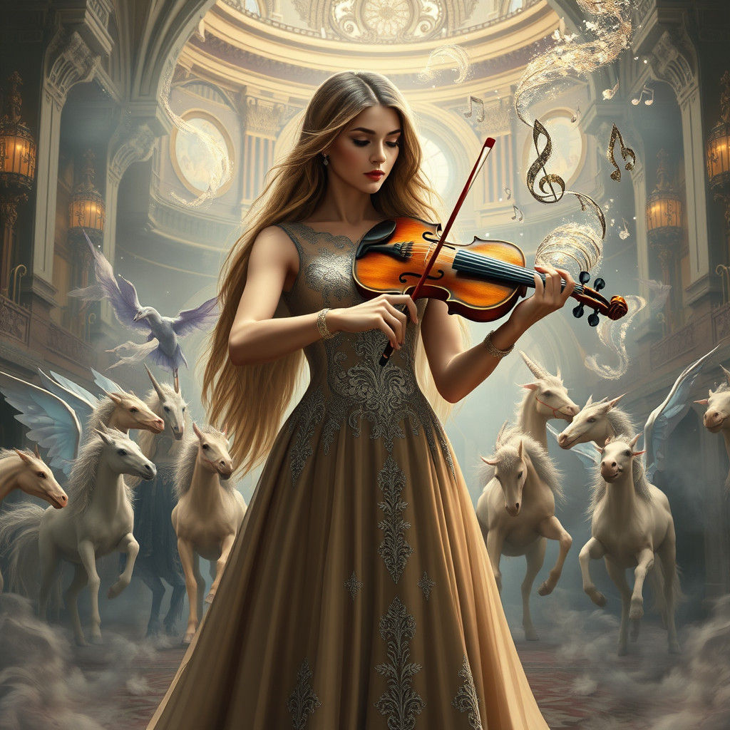 Woman Playing Magical Violin in Enchanted Hall
