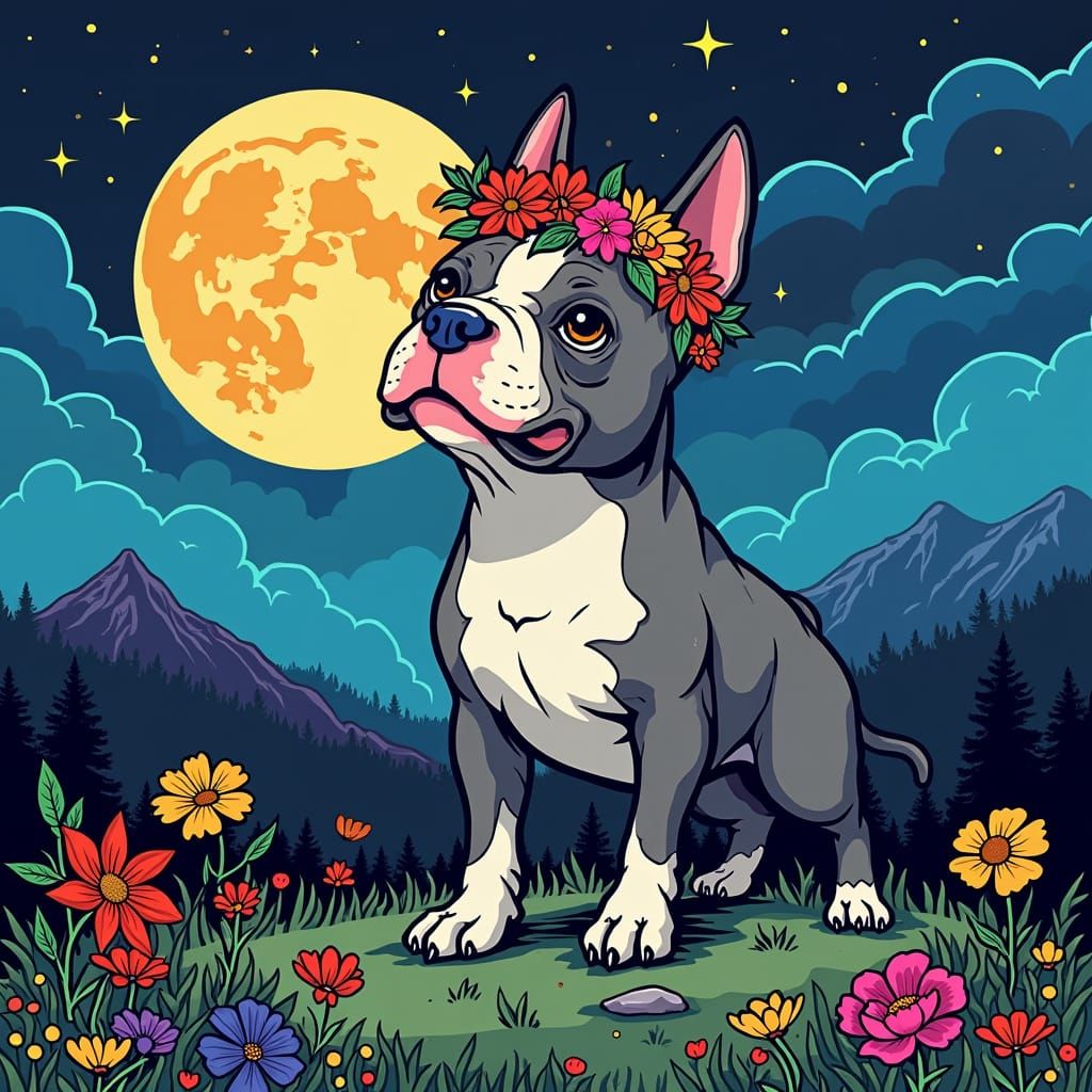 American Bully with Flower Crown Under Full Moon