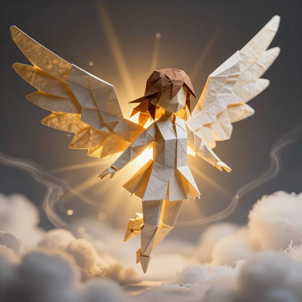 Origami Angel Girl in Golden Light, 3D Paper Craft Style