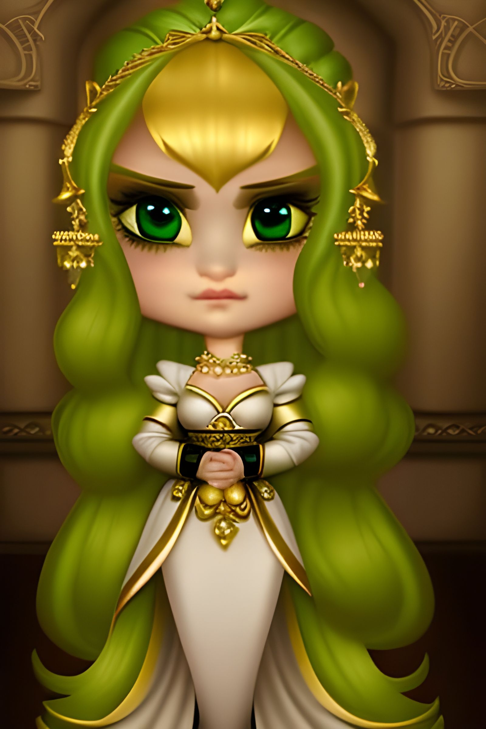 Cute Chibi Woman with Crown in Castle Interior