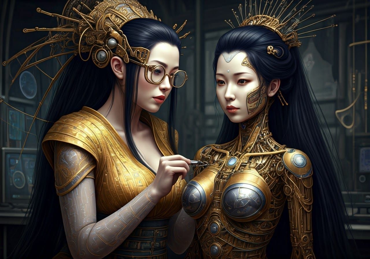 Mystical Woman Crafts AI Maiden in Laboratory