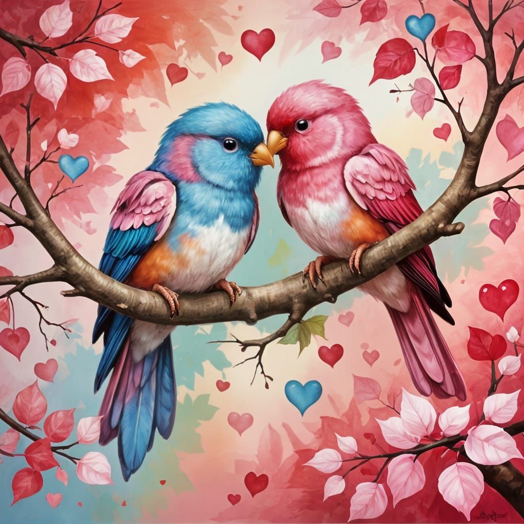 Romantic Love Birds Perched in a Vibrant Tree