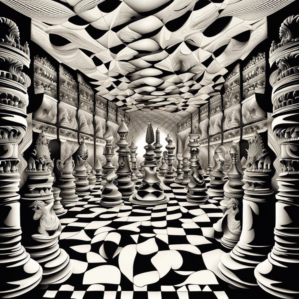 Abstract Chess Museum with Fractal Chess Pieces