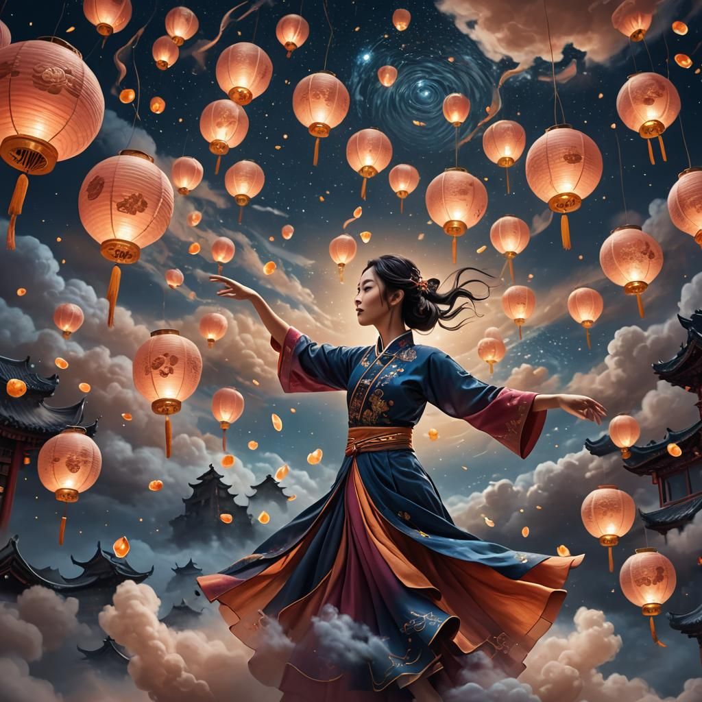 Dancing Woman Amidst Cloud Lanterns: Fantasy Digital Art