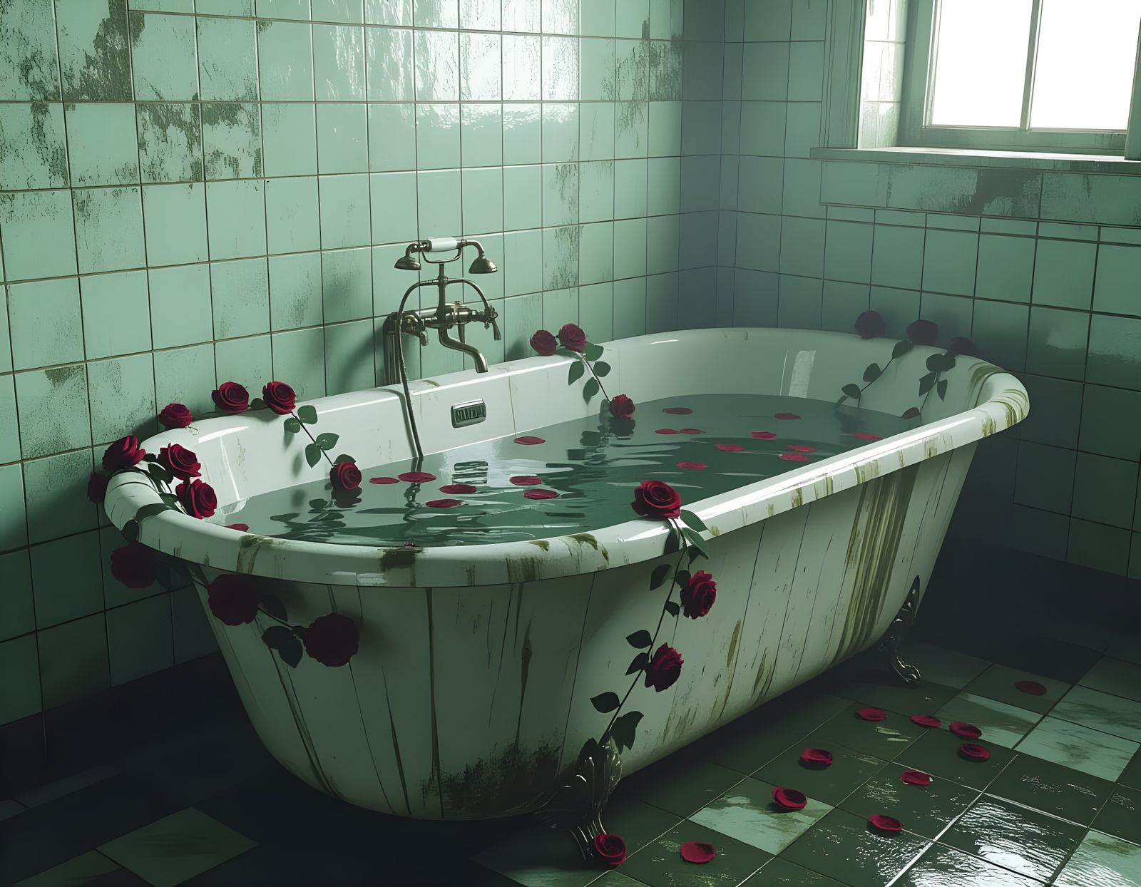 Eerie Abandoned Bathtub with Rippling Green Water