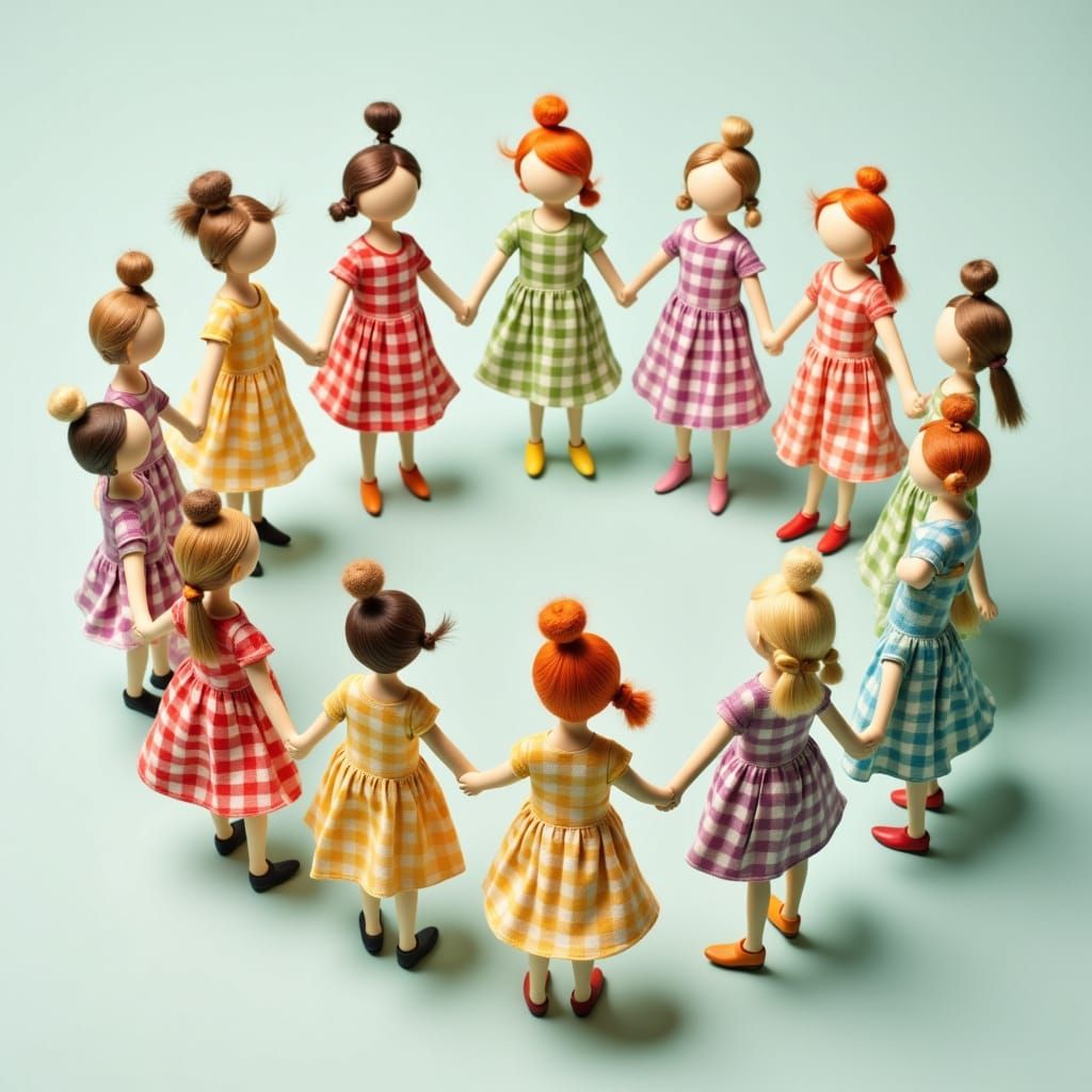 <lora:Upacara:1.0> an image of a circle of dolls, each made ...