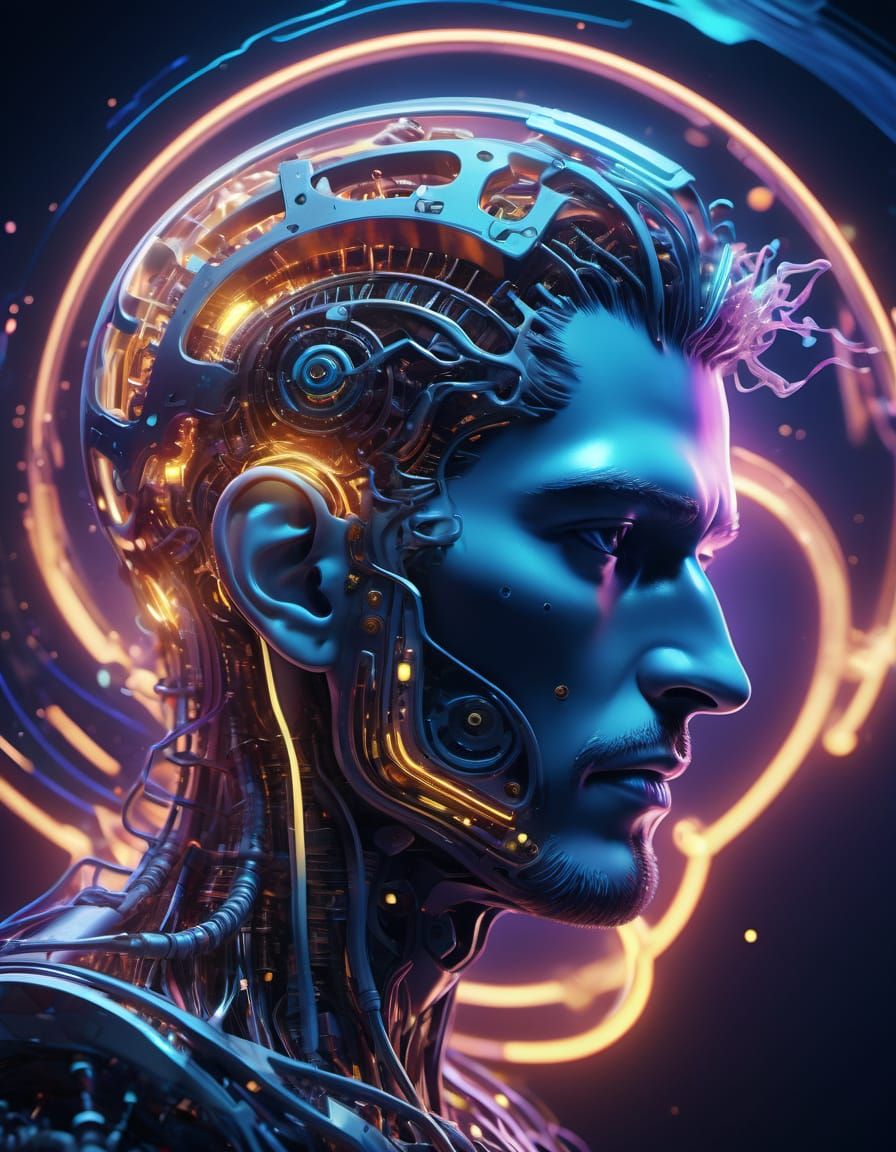 Surreal Futuristic Human Profile with Glowing Gears and Neon...