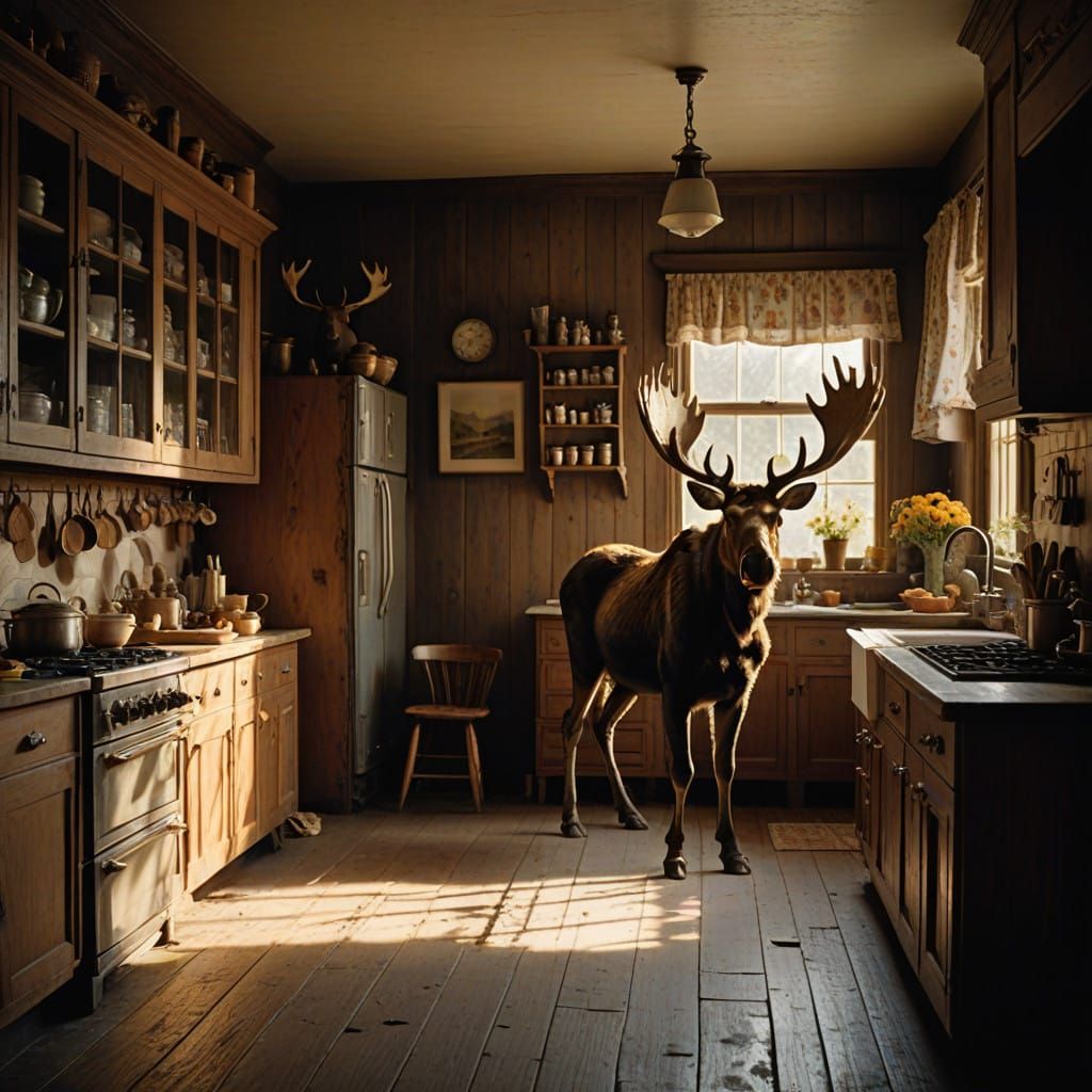 Majestic Moose in Rustic Kitchen Scene