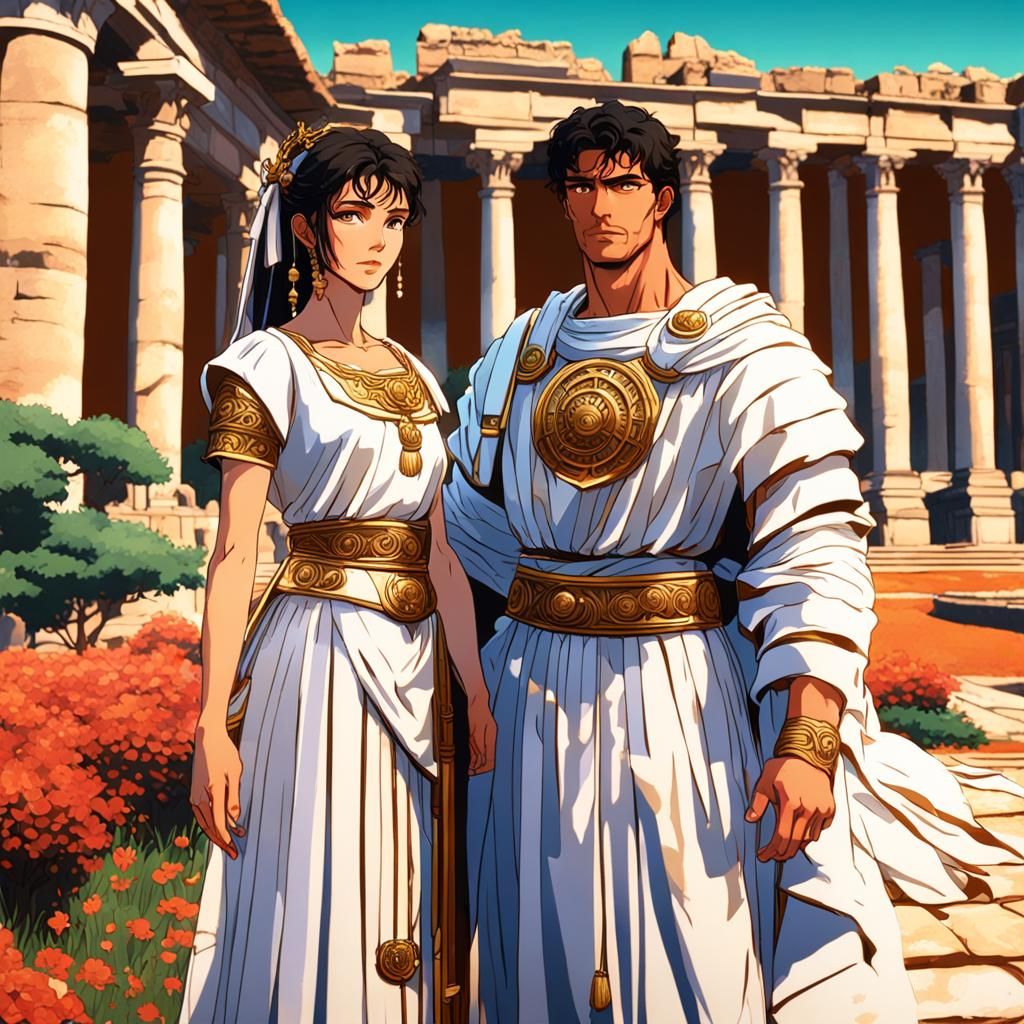 Anime Roman Couple in Lush Gardens, Vaporwave Style