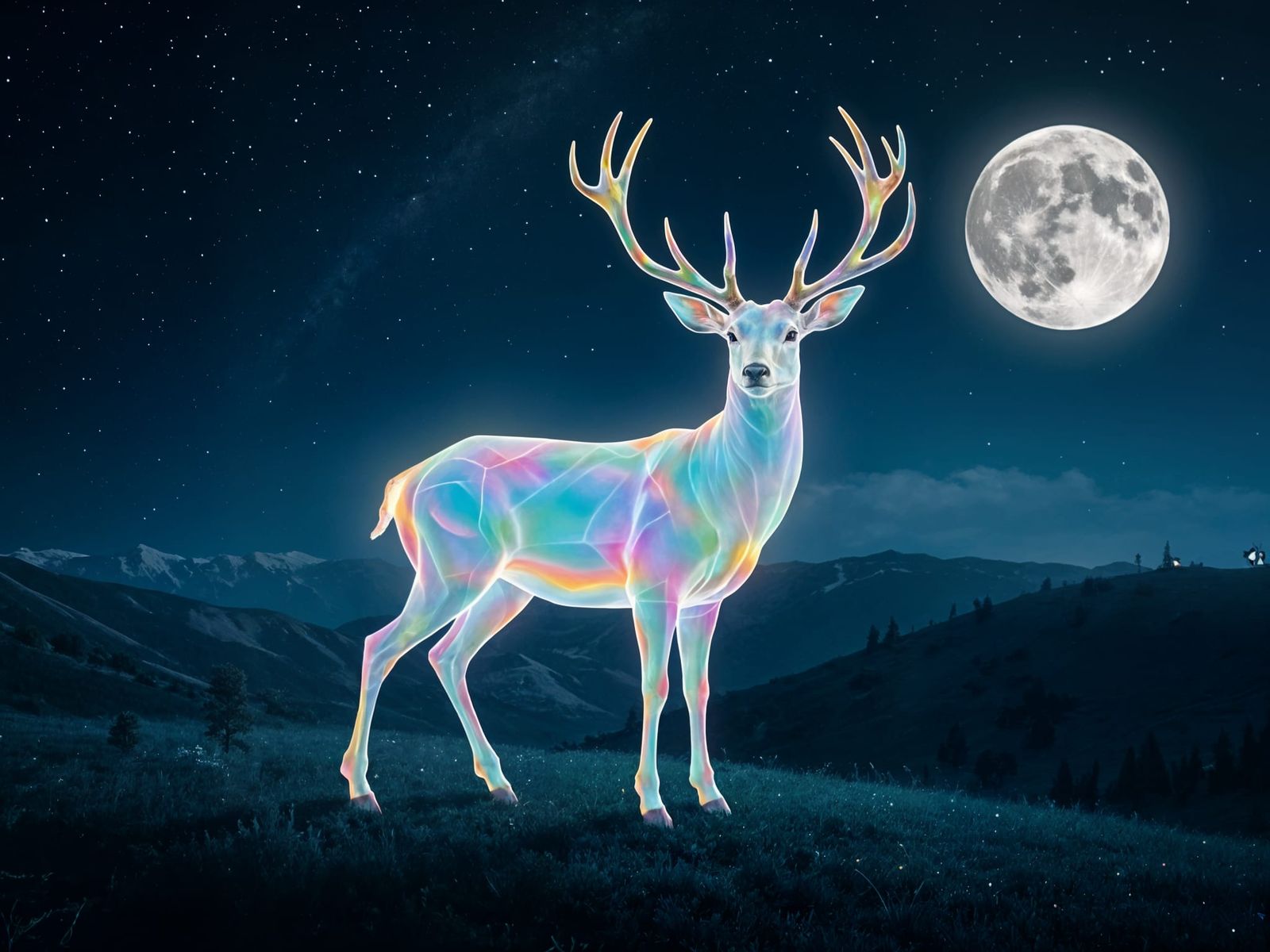 Mystical Rainbow Deer on Hilltop at Night