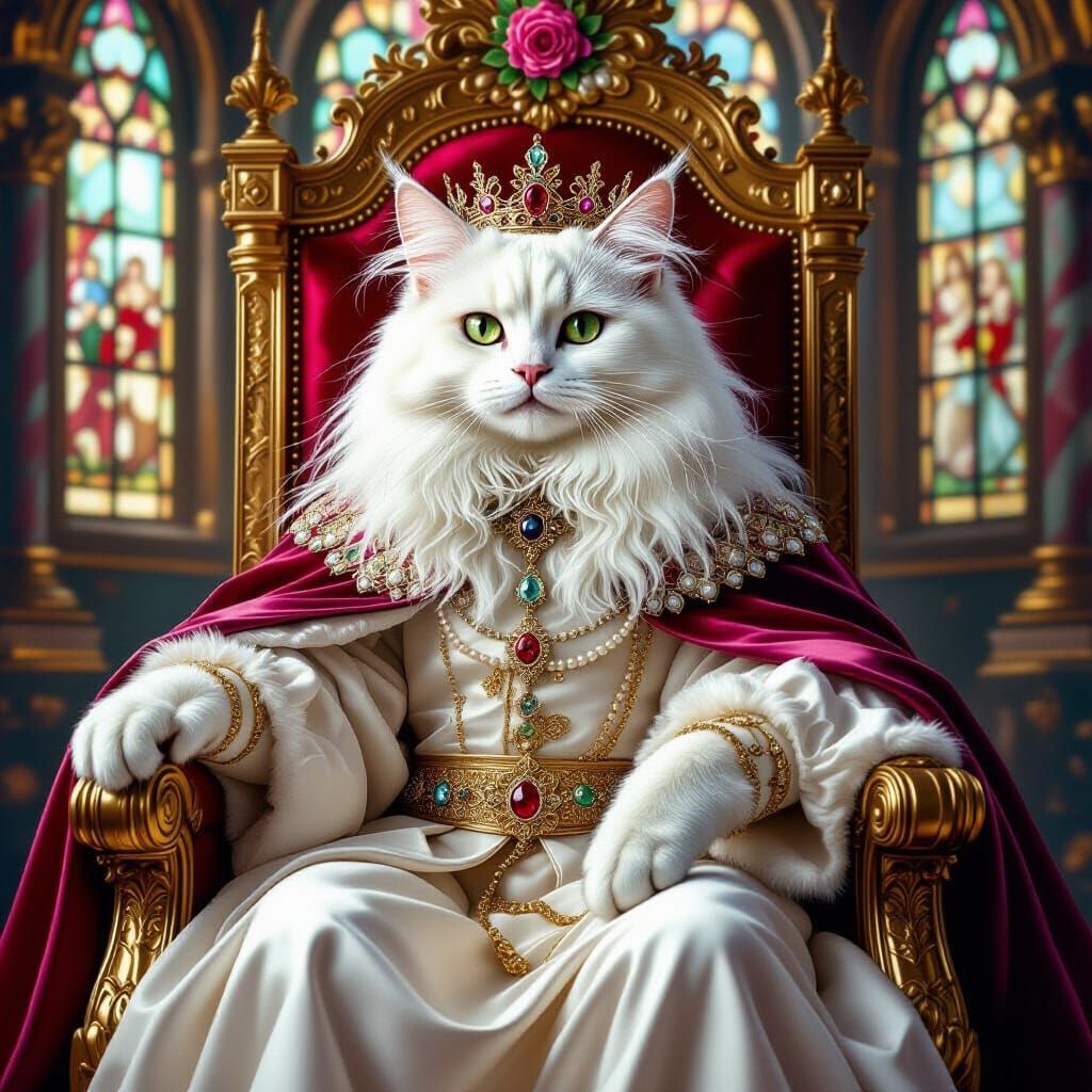 Renaissance Cat Queen on Jeweled Throne