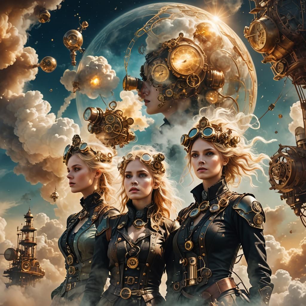 Steampunk Goddesses in Celestial Clouds: Double Exposure Art