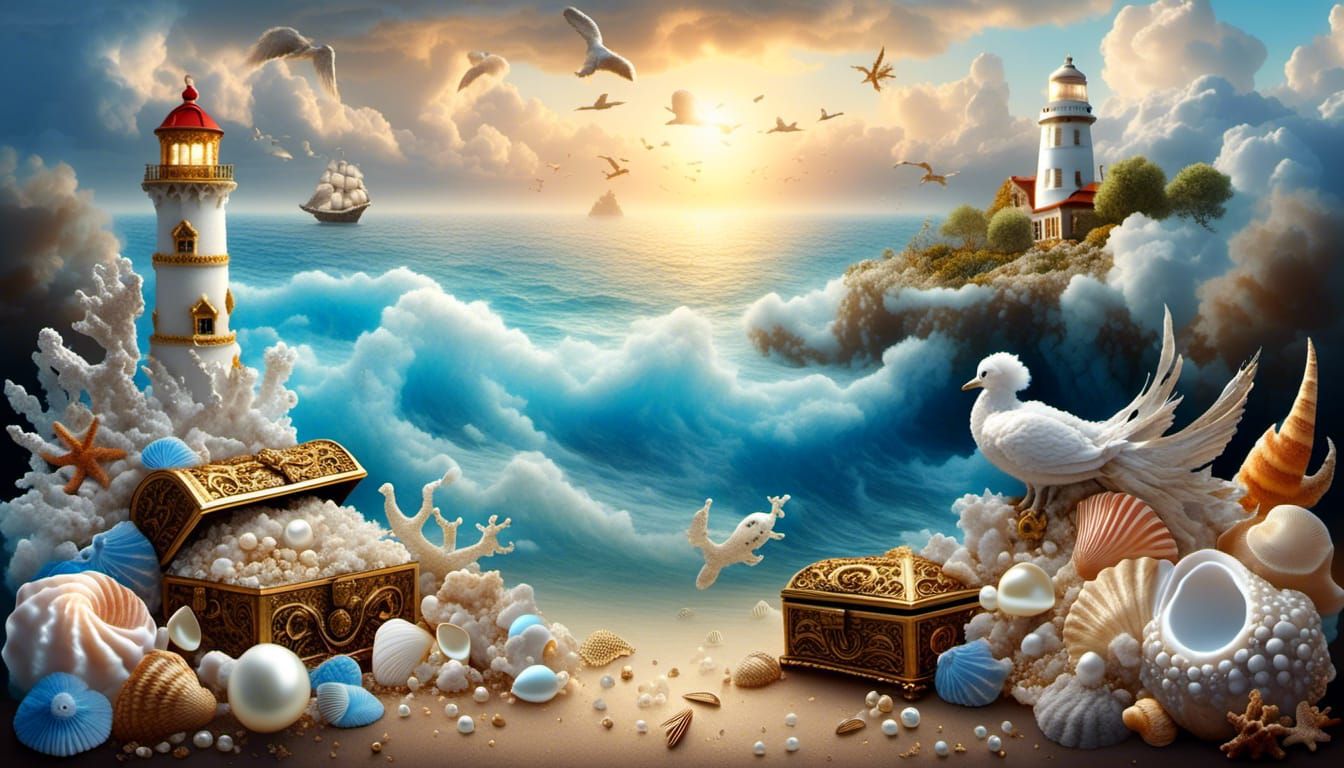 Seashore Treasure Chest at Sunrise with Ships