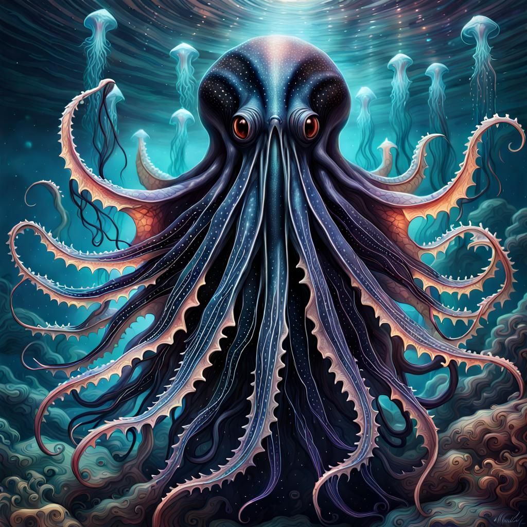 Bioluminescent Vampire Squid in Deep Sea Fantasy Art