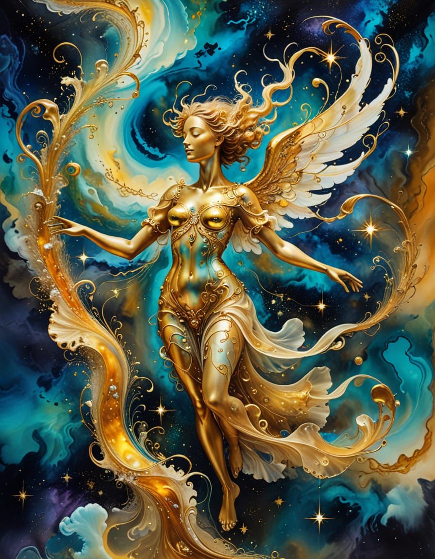 Surreal Angel in Space with Golden Tendrils