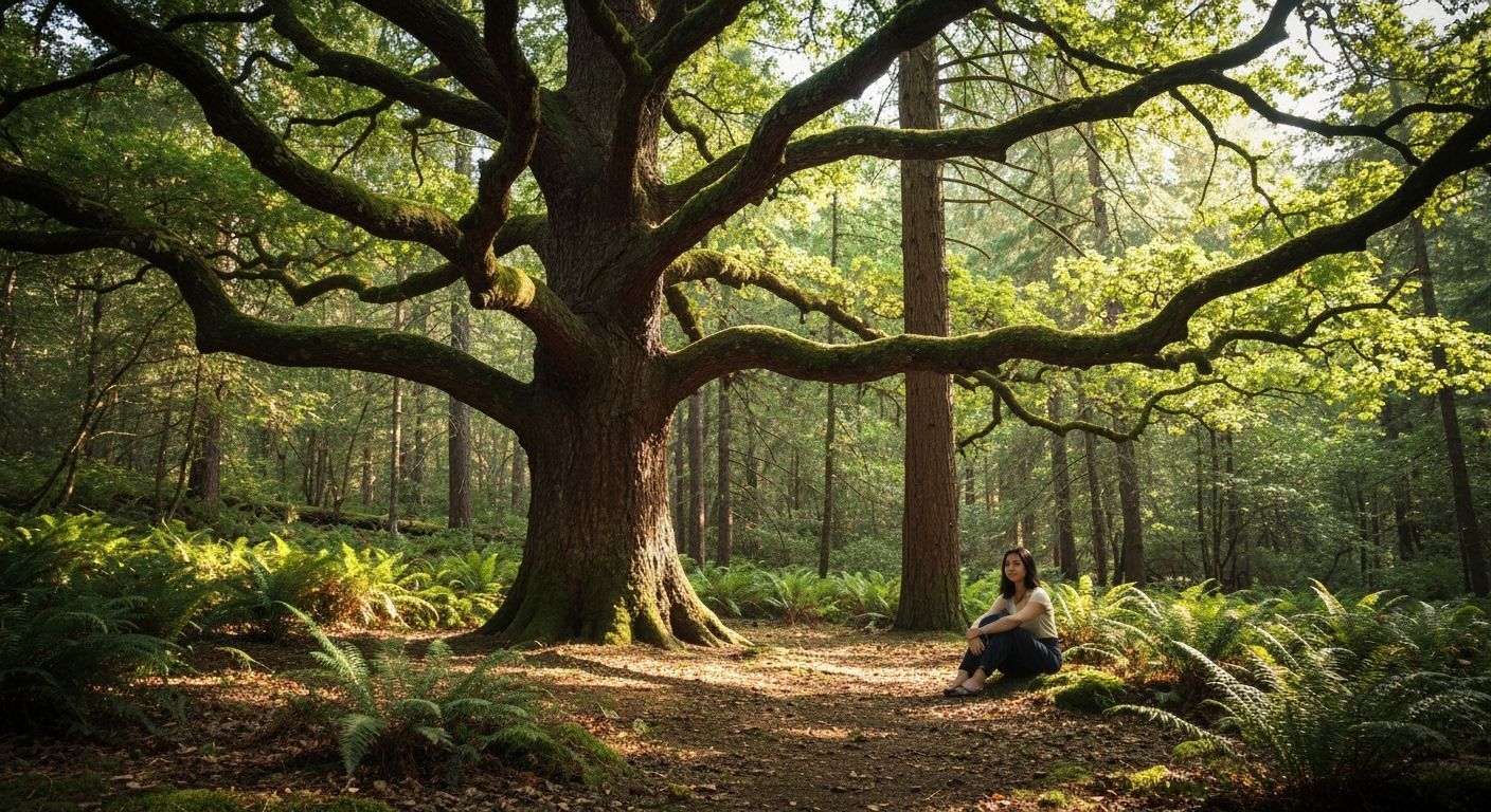 Contemplative Woman Under Oak Tree in Forest