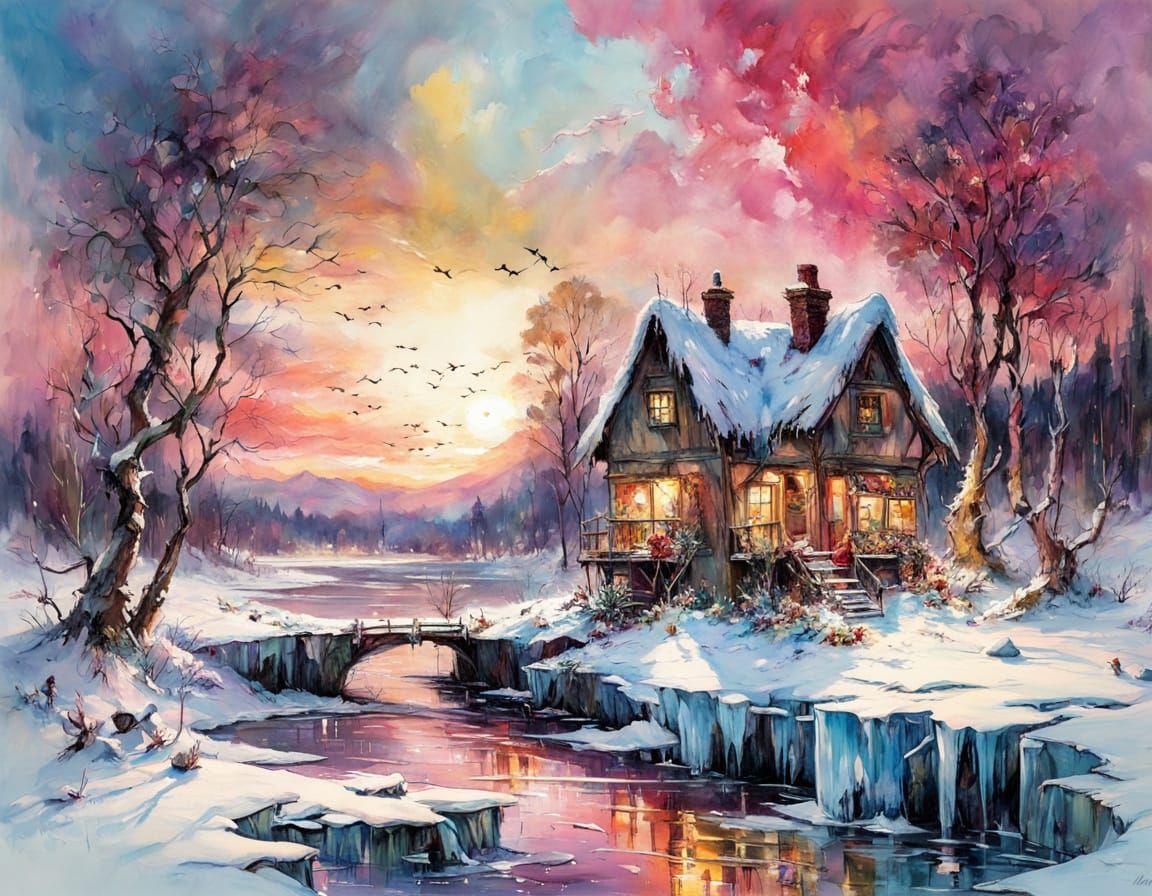 Winter River Sunset with Cozy House
