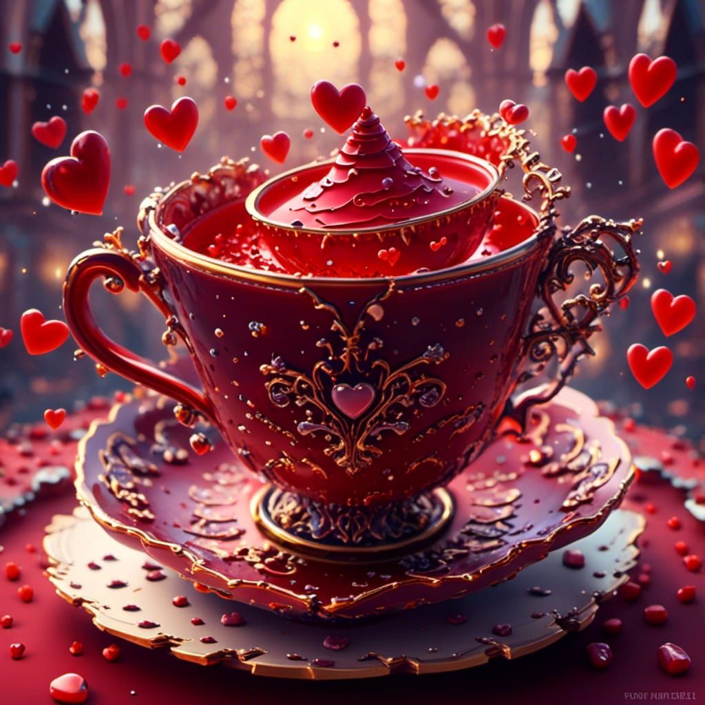 Intricate Red Teacup with Hearts in Bokeh