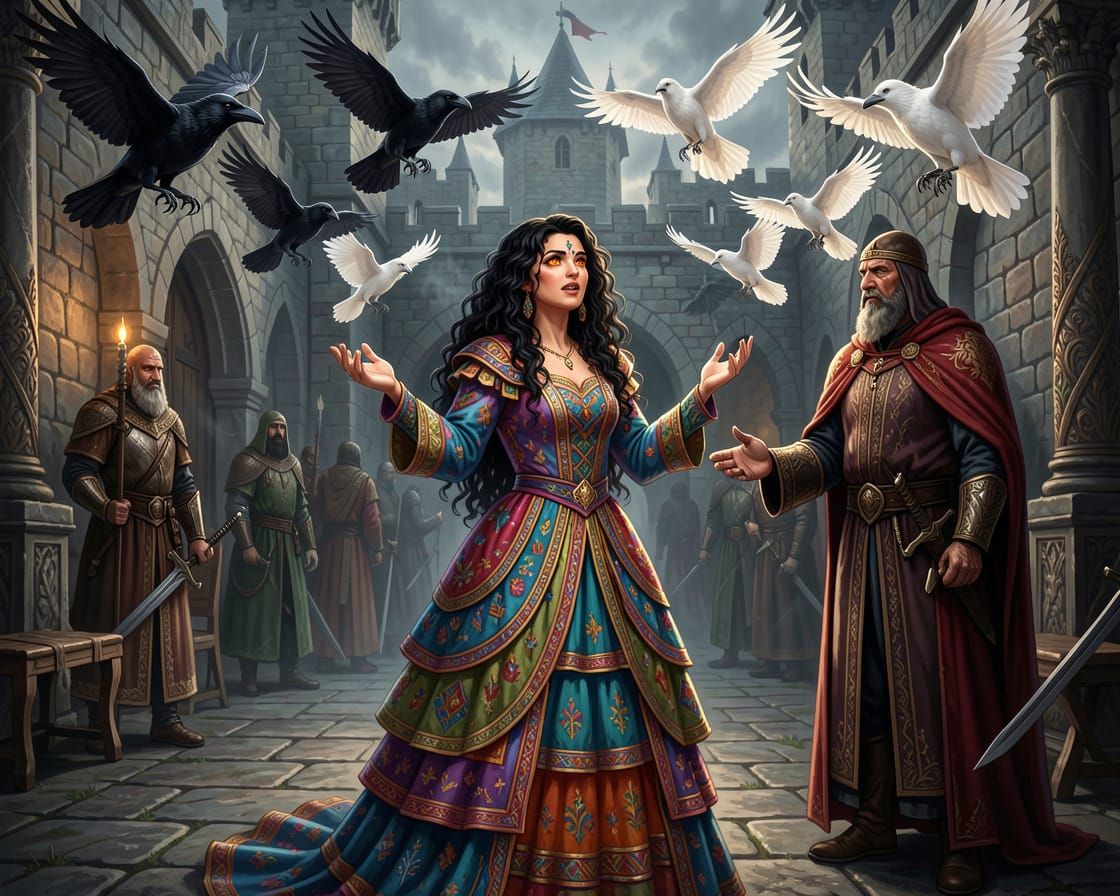 Vistani Seer's Prophecy in Medieval Fantasy Courtyard