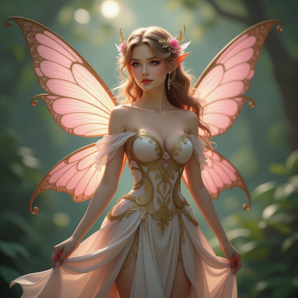Detailed Fairy in Golden Dress with Pink Wings