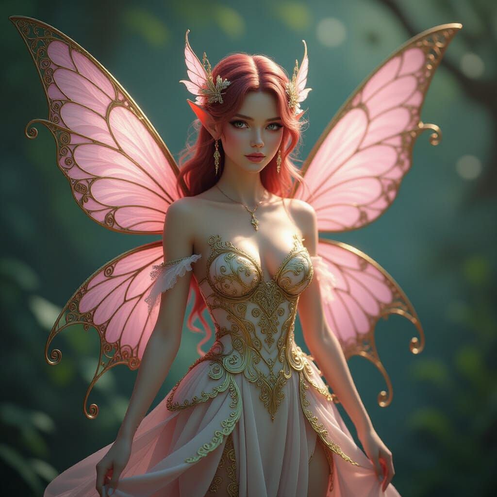 Intricate Fairy with Pink Wings and Golden Dress