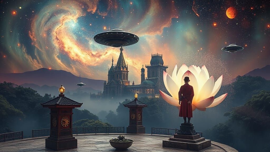 Cosmic Clockwork City in Zen Garden Digital Painting