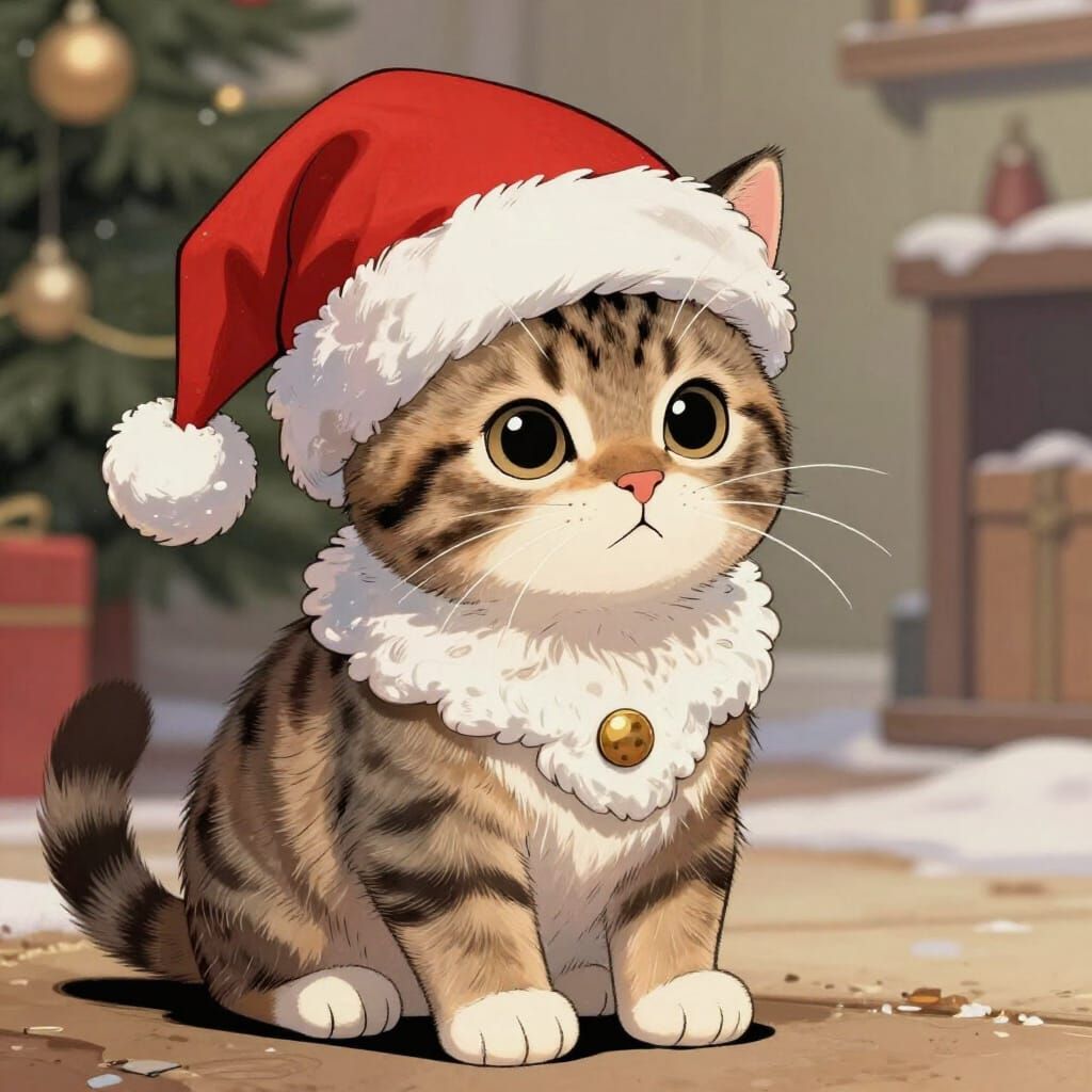 Style of Tenniel, a tabby kitten dressed as 
Father Christmas