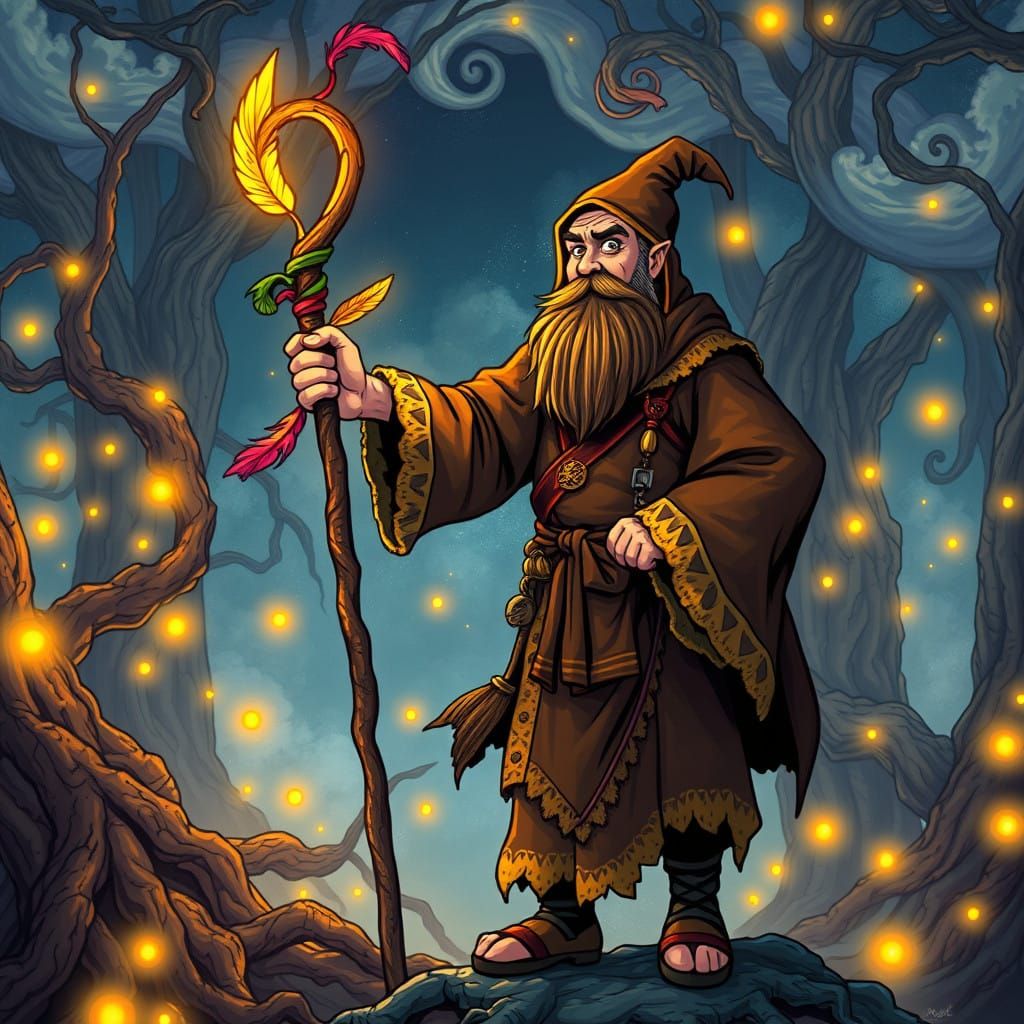 Jovial Monk Amidst Whimsical Forest