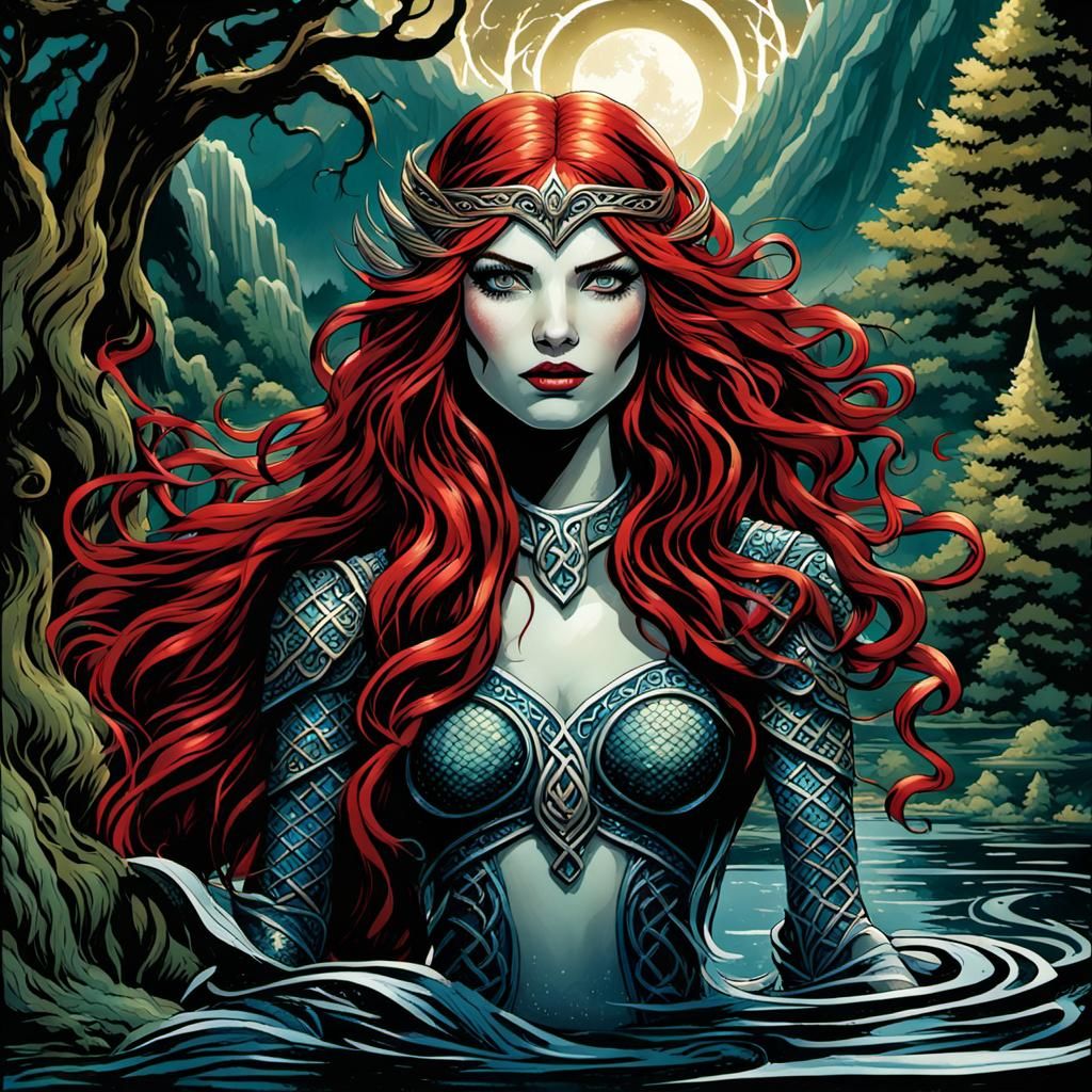 Gothic Mermaid with Crimson Hair in Watercolor Style