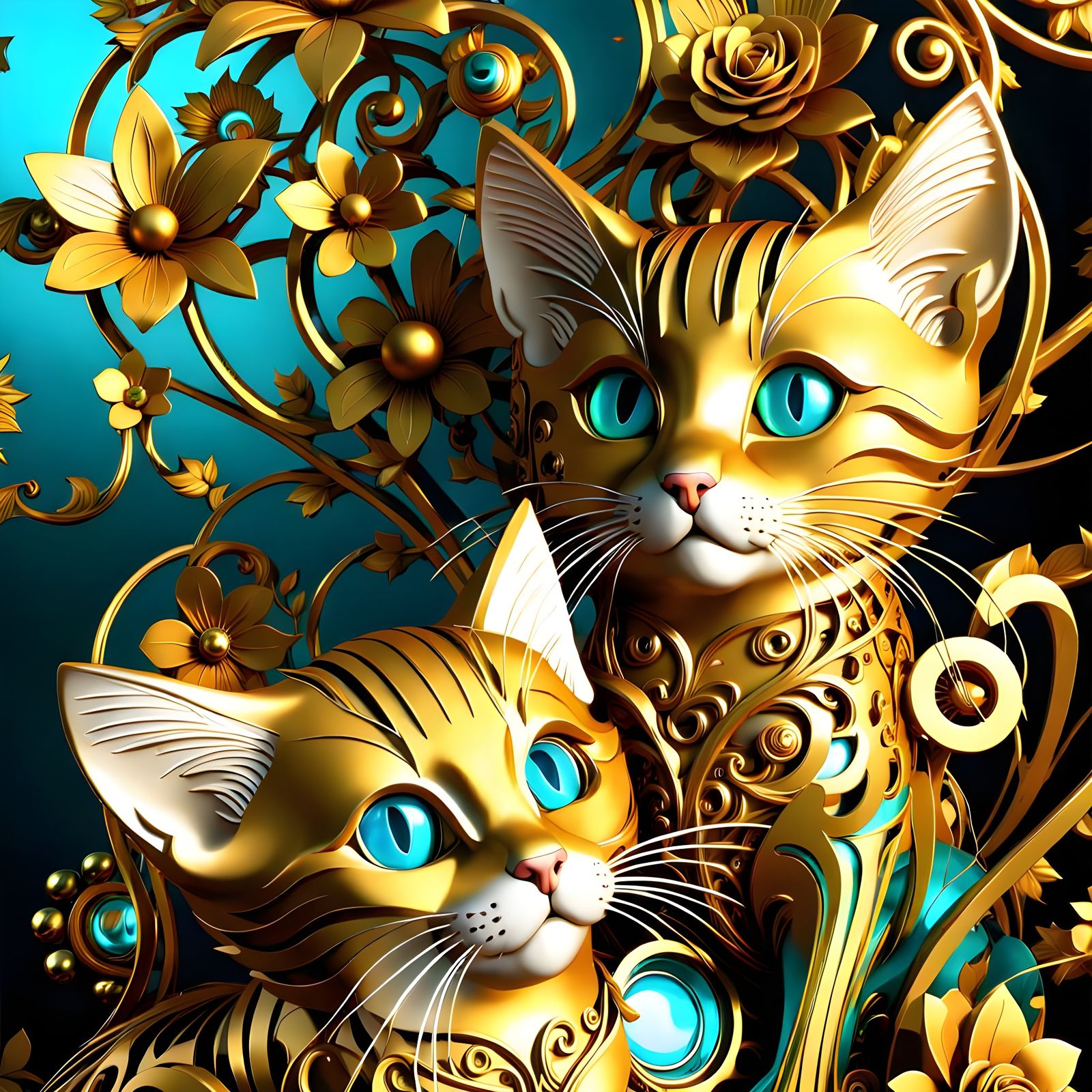 Kittens in Baroque Metallic Floral Steampunk Dreamscape