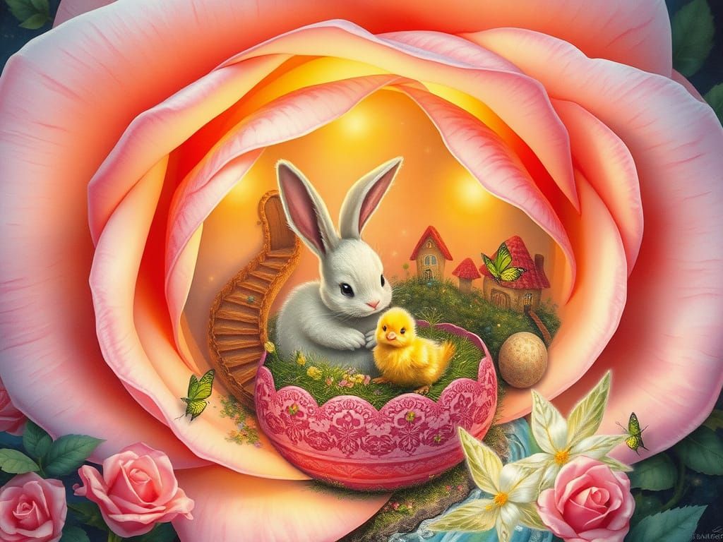 Bunny and Chick Decorate Easter Egg in Rose