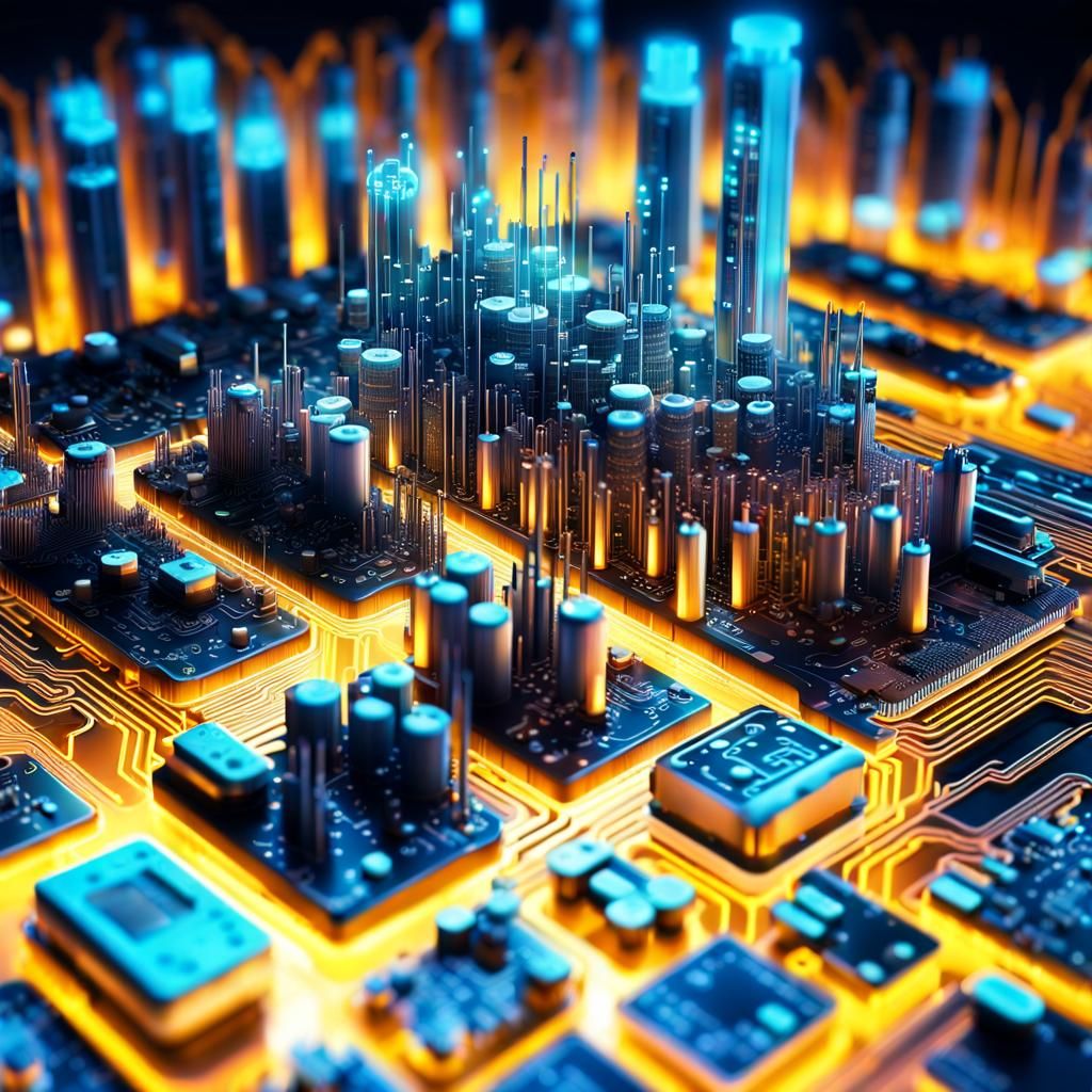 Glowing Circuit Cityscape on Motherboard