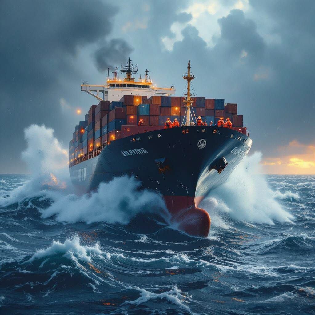 Container Ship Battling Stormy Seas in Hyperrealism