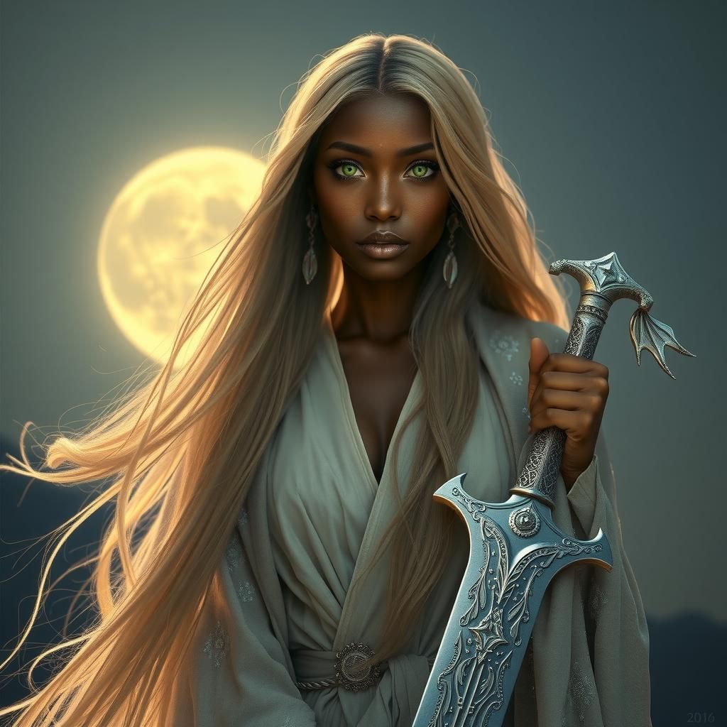 Moonlit Woman with Silver Sword in Digital Painting Style