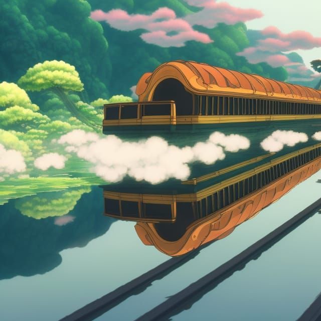 Spirited Away Train in Reflective Water: Manga Art