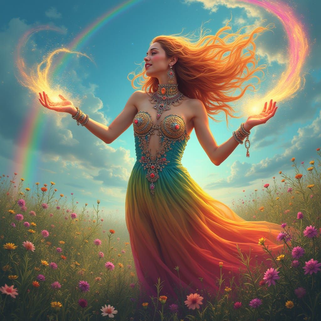 Vibrant Enchantress in a Rainbow-Hued Meadow