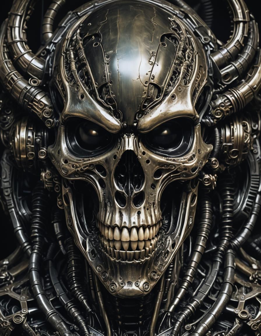 Biomechanical Xenomorph Skull Portrait in Dark Futurism Styl...