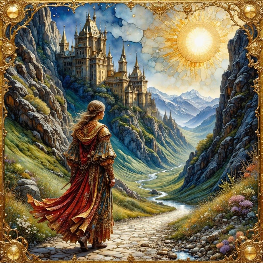 Fantasy Gothic Castle with Medieval Traveler in Nouveau Styl...