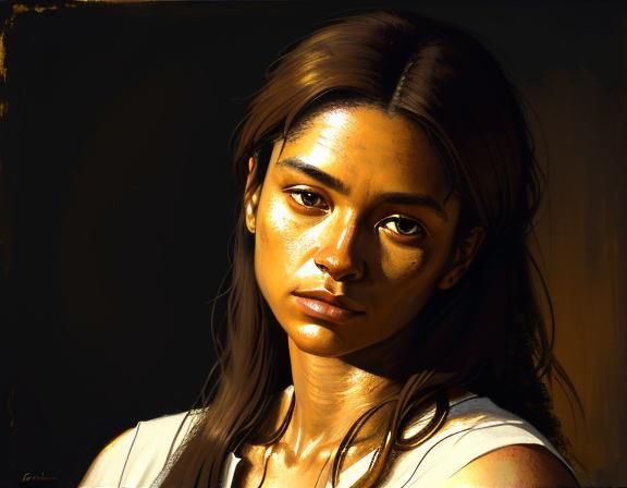 Realistic Oil Portrait of Woman in Dark Room
