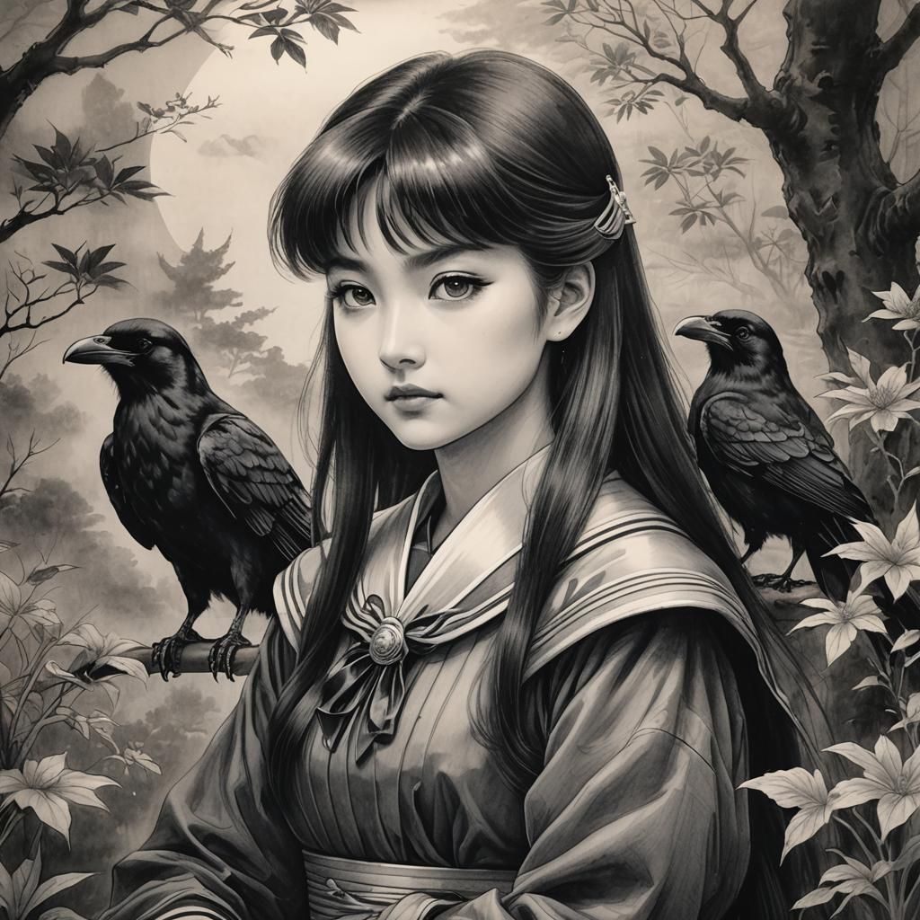 Serene Sailor Mars in Japanese Garden with Two Mystical Rave...