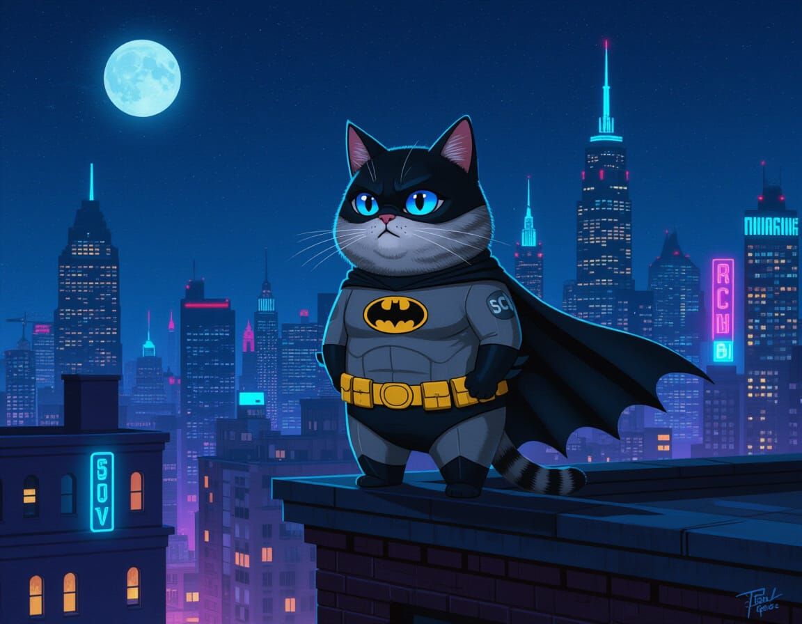 Chubby Tabby Cat as Batman Overlooking City