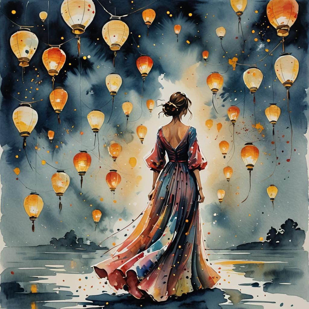 Elegant Woman with Floating Lanterns in Gouache Style