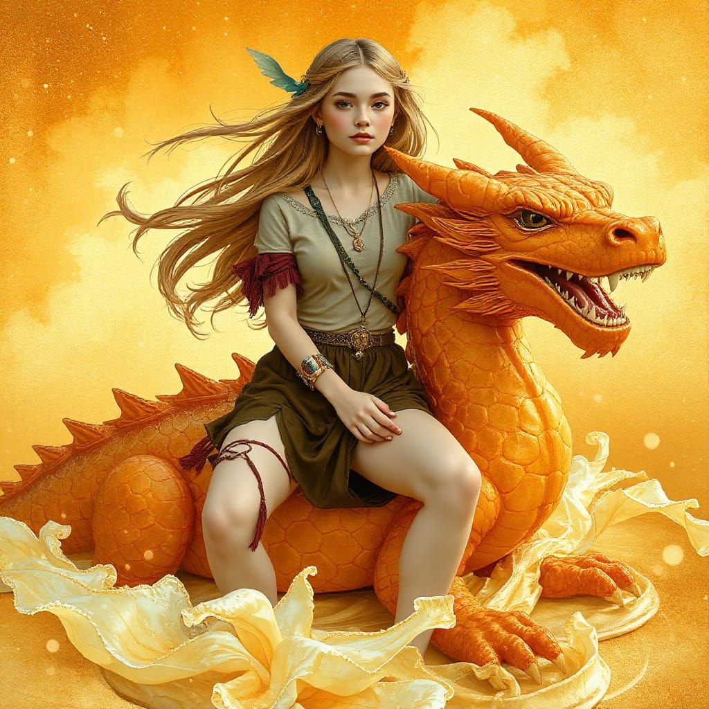 Woman on Gummy Dragon in Effervescent Soda Sea