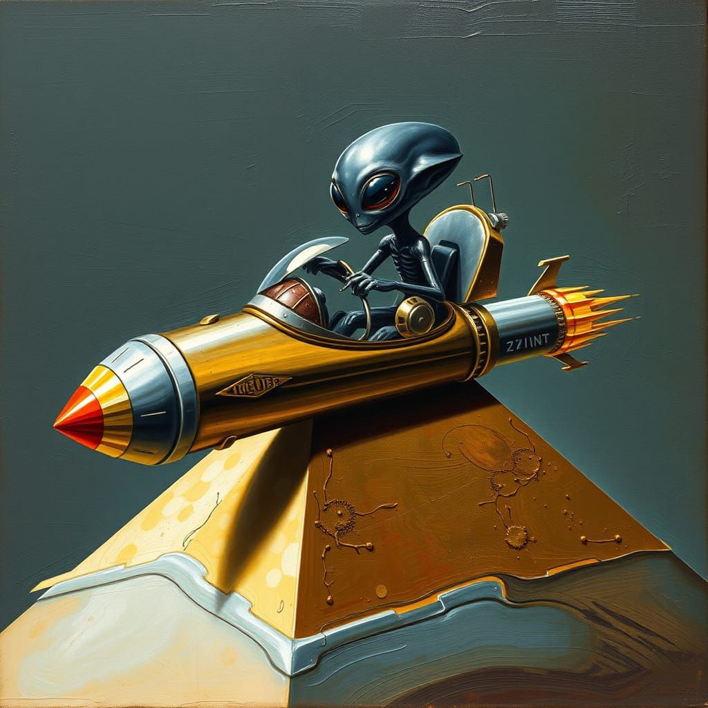 Slimy Alien Drives Rocket in Surrealist Style