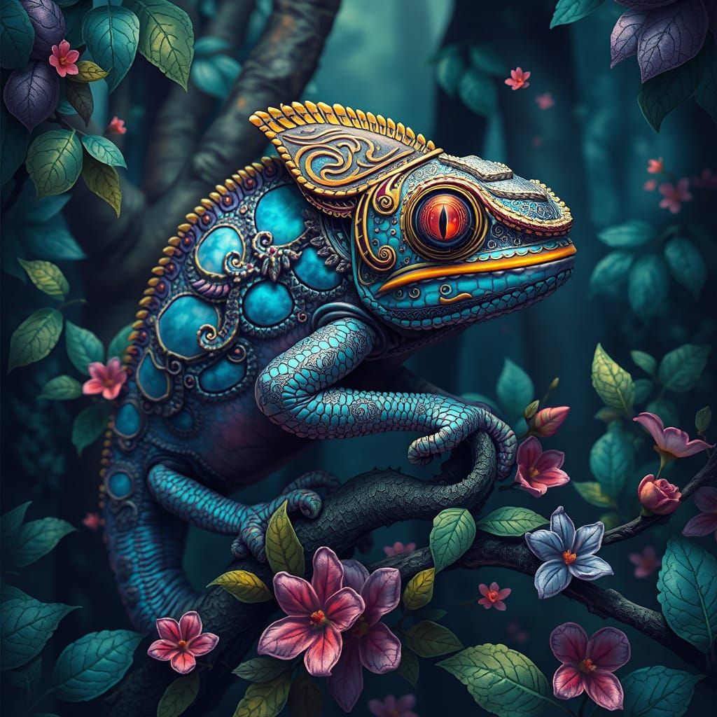 Mystical Chameleon Warrior in Whimsical Forest