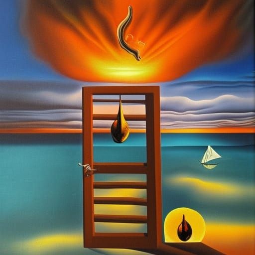 Surreal Orange Door at Sea, Salvador Dali Style