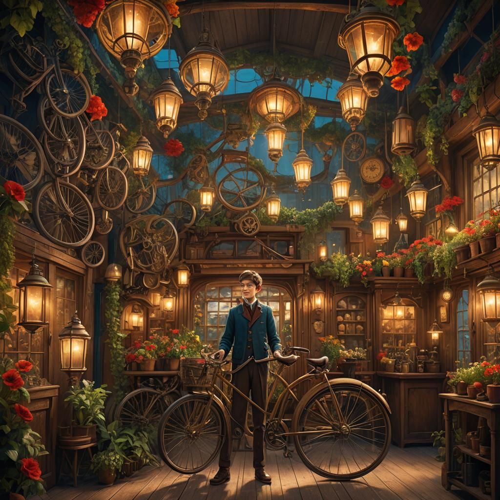 Boy in Vintage Bicycle Shop Fantasy Art
