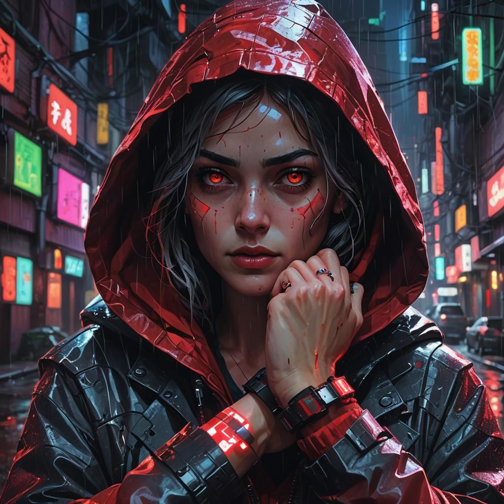 Cyberpunk Red Riding Hood in Neon Alley